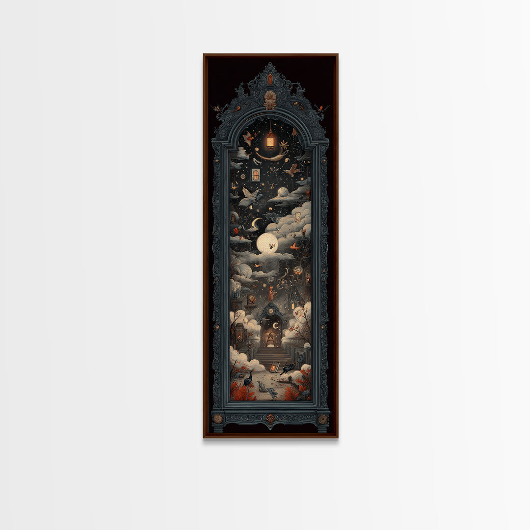 The Monster In The Mirror Cabinet - Surreal Celestial Vision, Dark Fantasy Wall Art, Tall Narrow Wall Art, Canvas Print, Gothic Wall Art