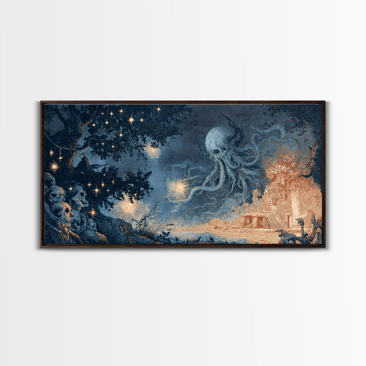 The Bellringer Of The Sunken Cathedral, Spooky Wall Decor, Wide Panoramic Art, Framed Canvas Print, Halloween Home Decor, Gothic Wall Art