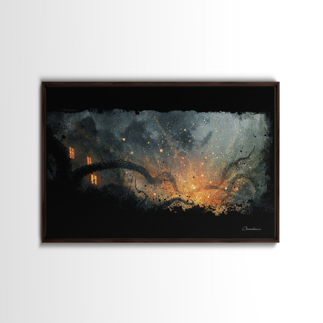 The Crawler Beneath The Floor Of Stars, Spooky Wall Decor, Landscape Wall Art, Framed Canvas Print, Halloween Home Decor, Gothic Wall Art
