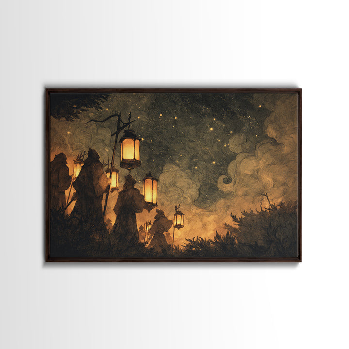 The Innsmouth Lantern Procession, Lovecraftian Wall Art, Landscape Wall Art, Framed Canvas Print, Halloween Home Decor, Gothic Wall Art