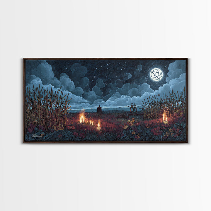 The Harvest Of The Eldritch Field, Occult Wall Decor, Wide Panoramic Art, Framed Canvas Print, Halloween Home Decor, Gothic Wall Art