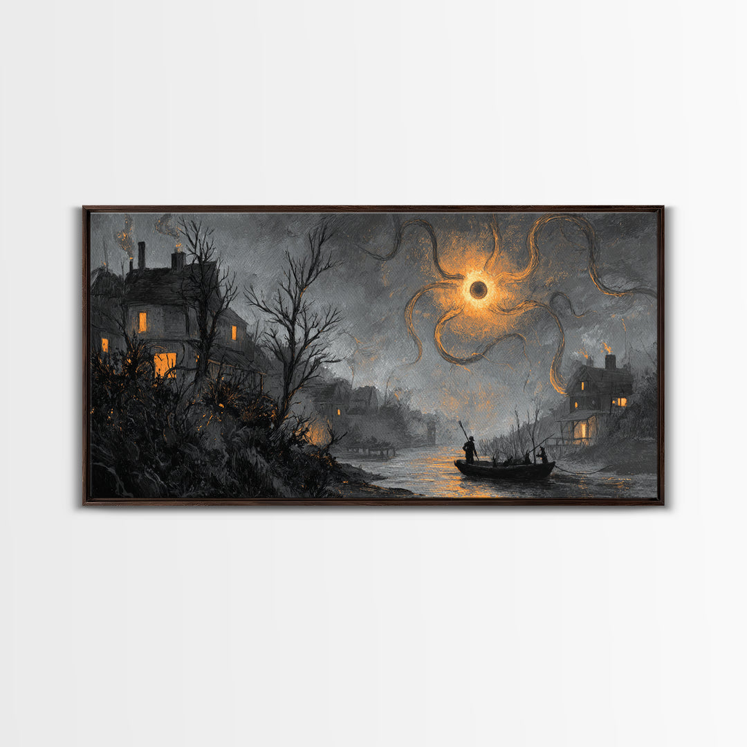 The Ferryman Of The Outer Marsh, Dark Fantasy Wall Art, Wide Panoramic Art, Canvas Print, Halloween Home Decor, Gothic Wall Art