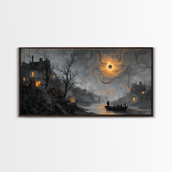 The Ferryman Of The Outer Marsh, Dark Fantasy Wall Art, Wide Panoramic Art, Canvas Print, Halloween Home Decor, Gothic Wall Art