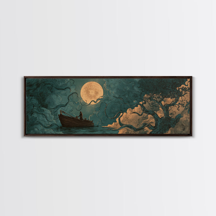 The Ferryman Of The Outer Marsh, Spooky Wall Decor, Extra Wide Wall Art, Framed Canvas Print, Halloween Home Decor, Gothic Wall Art