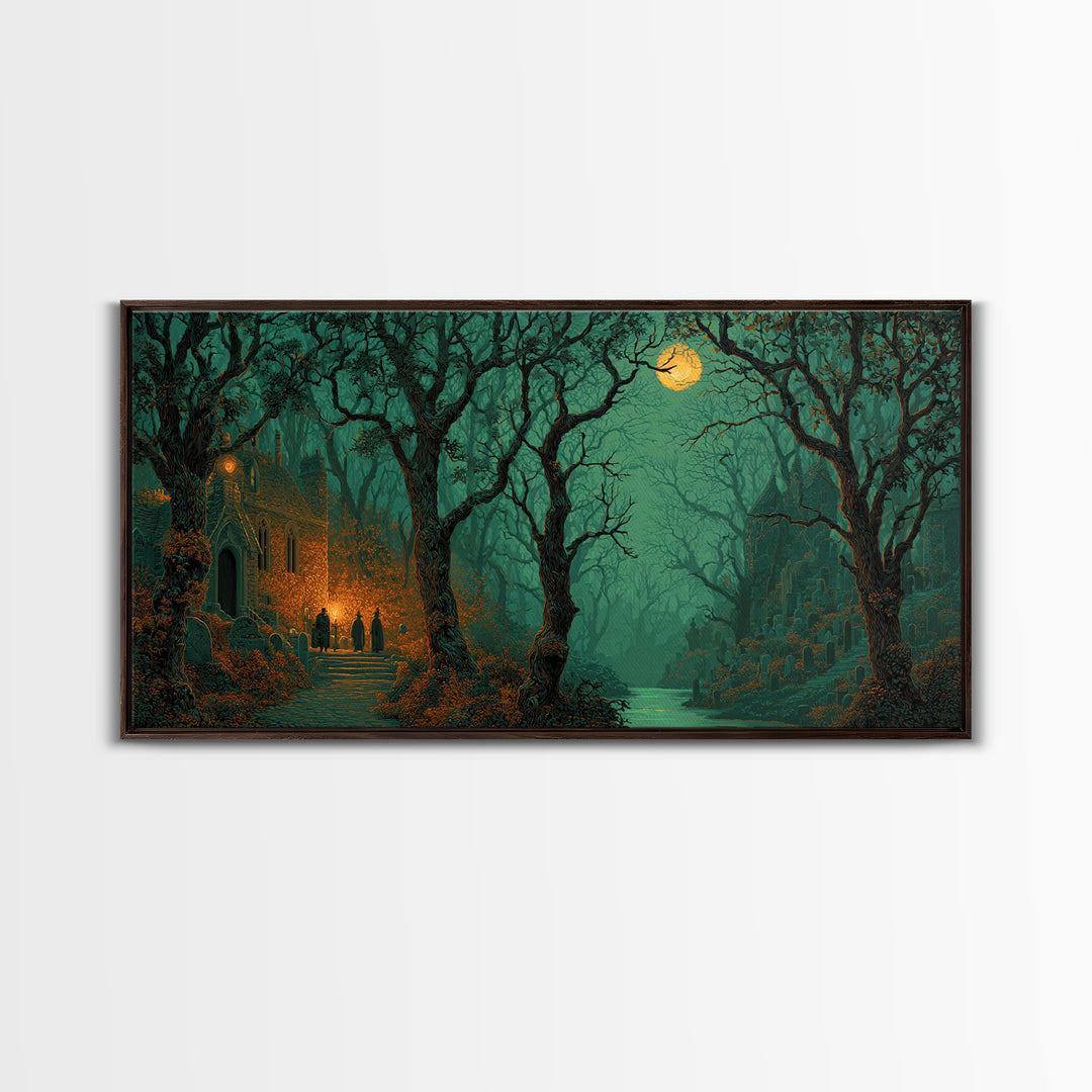 The Grave Gardener Of Yuggoth, Macabre Halloween Art, Wide Panoramic Art, Framed Canvas Print, Halloween Home Decor, Gothic Wall Art