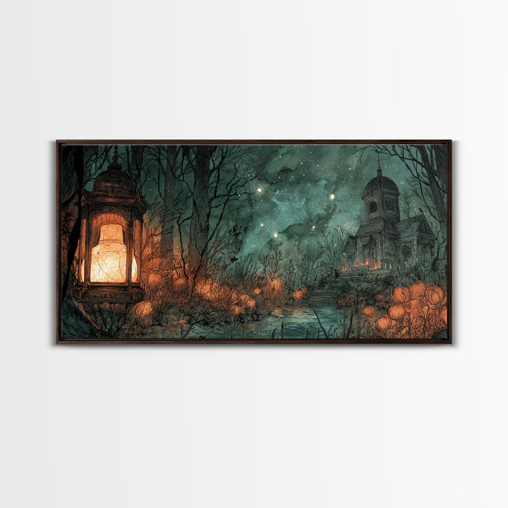 The Lantern Market Beyond The Veil, Eldritch Wall Art, Wide Panoramic Art, Canvas Print, Halloween Home Decor, Gothic Wall Art