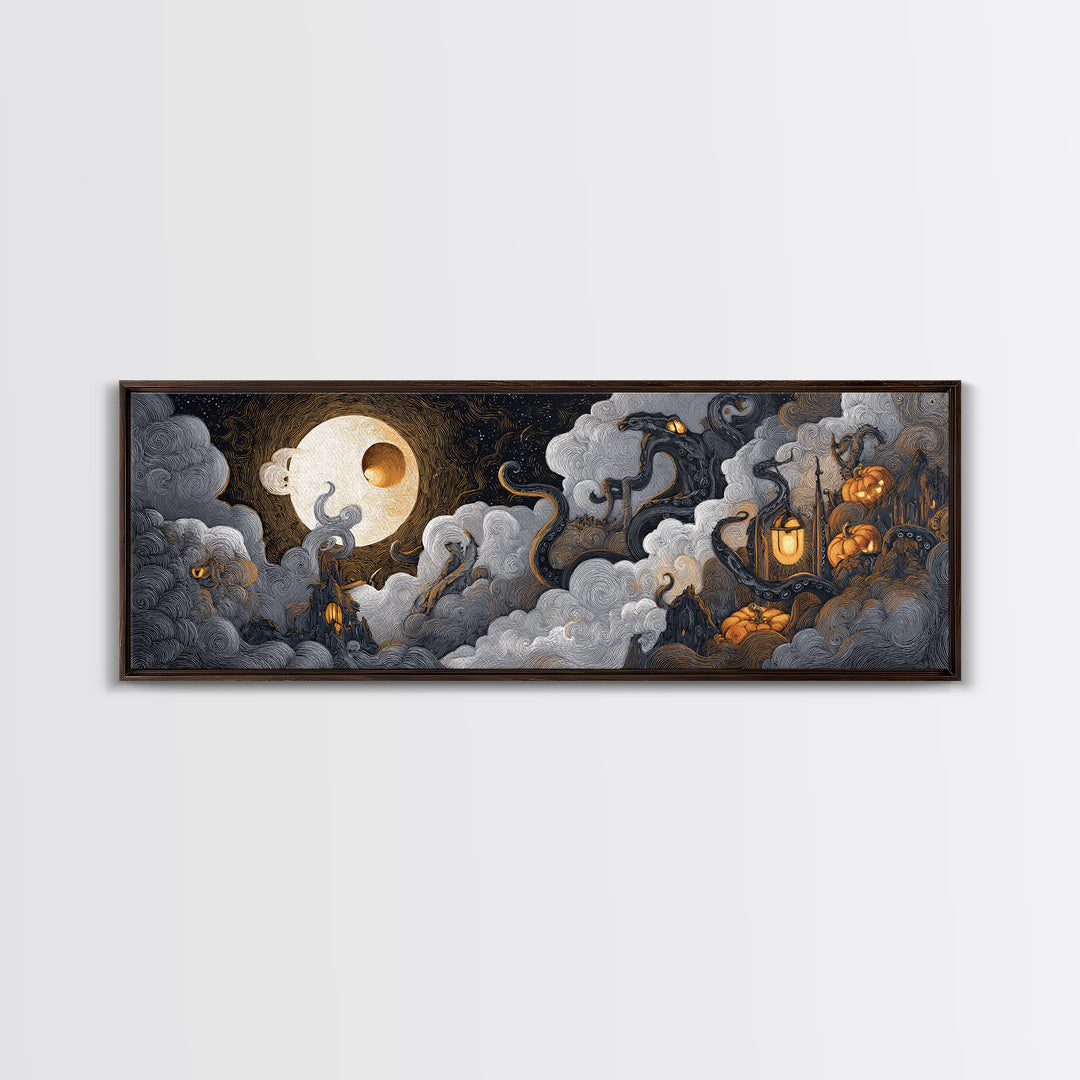 The Moonlit Shoggoth Menagerie, Macabre Halloween Art, Extra Wide Wall Art, Framed Canvas Print, Halloween Home Decor, Gothic Wall Art