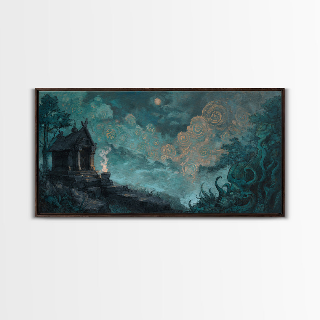 The Custodian Of The Whispering Idol, Cosmic Horror Decor, Wide Panoramic Art, Canvas Print, Halloween Home Decor, Gothic Wall Art