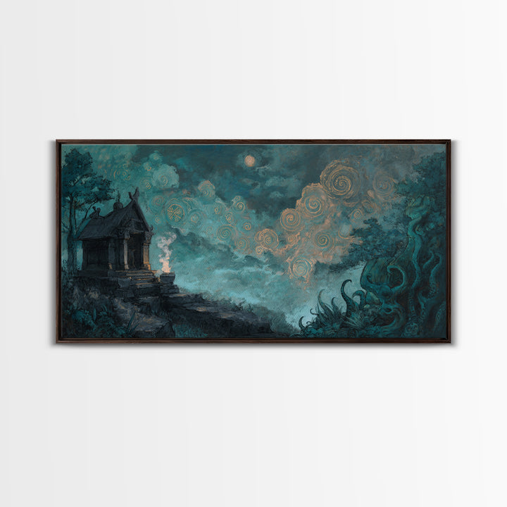 The Custodian Of The Whispering Idol, Cosmic Horror Decor, Wide Panoramic Art, Canvas Print, Halloween Home Decor, Gothic Wall Art