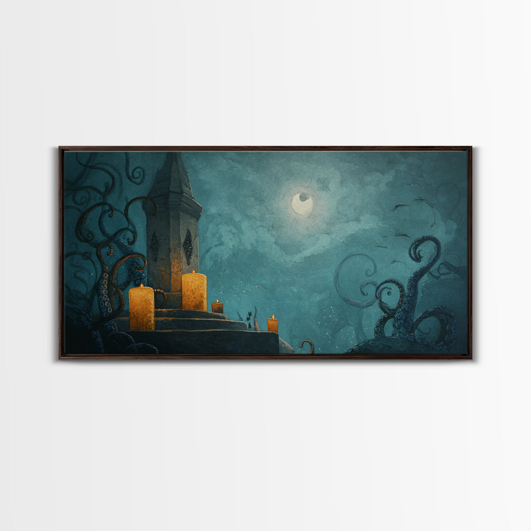 The Candelit Ark Of Forgotten Stars, Gothic Home Decor, Wide Panoramic Art, Framed Canvas Print, Halloween Home Decor, Gothic Wall Art