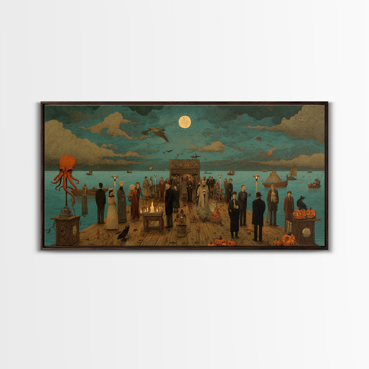 The Tea Party At Innsmouth Pier, Macabre Halloween Art, Wide Panoramic Art, Canvas Print, Halloween Home Decor, Gothic Wall Art