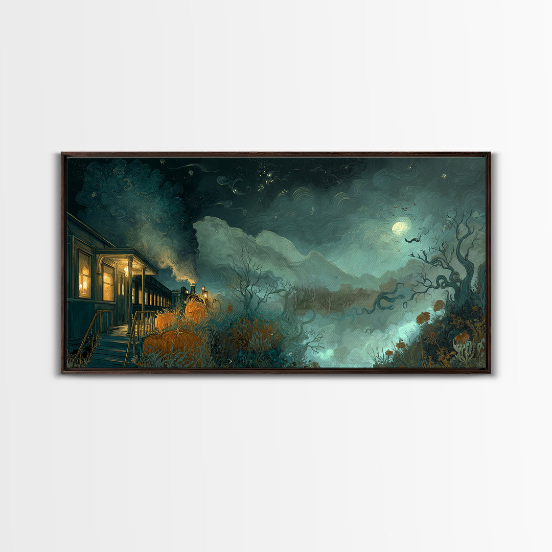 The Phantom Train To Kadath, Dark Fantasy Wall Art, Wide Panoramic Art, Canvas Print, Halloween Home Decor, Gothic Wall Art, Horror Wall Art