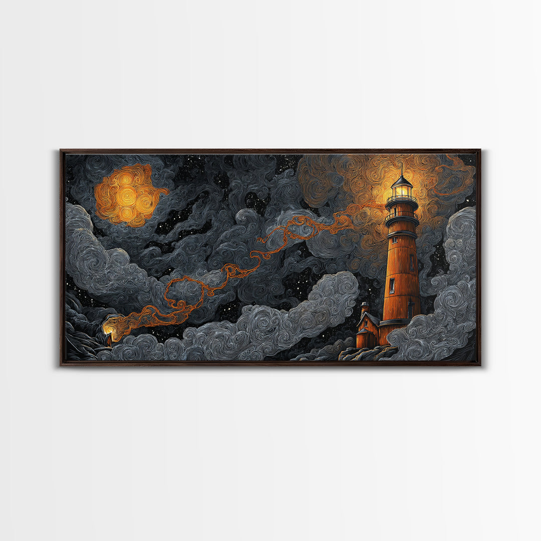 The Last Lighthouse Of Y’Ha-Nthlei, Dark Fantasy Wall Art, Wide Panoramic Art, Framed Canvas Print, Halloween Home Decor, Gothic Wall Art