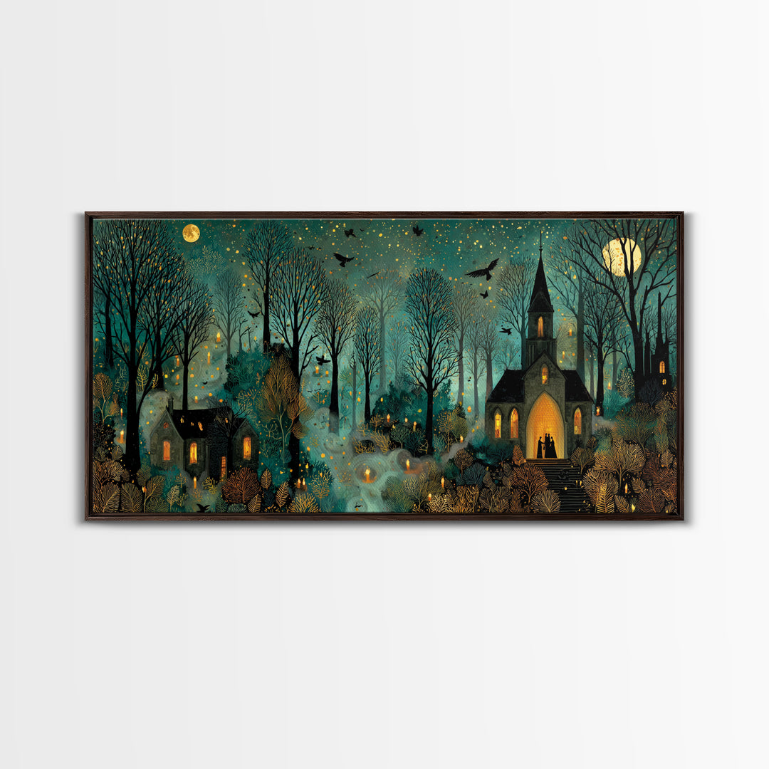 The Raven Sermon Of Leng, Halloween Wall Art, Wide Panoramic Art, Framed Canvas Print, Halloween Home Decor, Gothic Wall Art