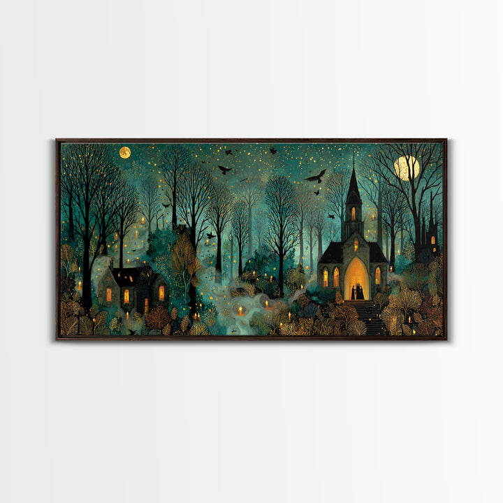 The Raven Sermon Of Leng, Halloween Wall Art, Wide Panoramic Art, Framed Canvas Print, Halloween Home Decor, Gothic Wall Art