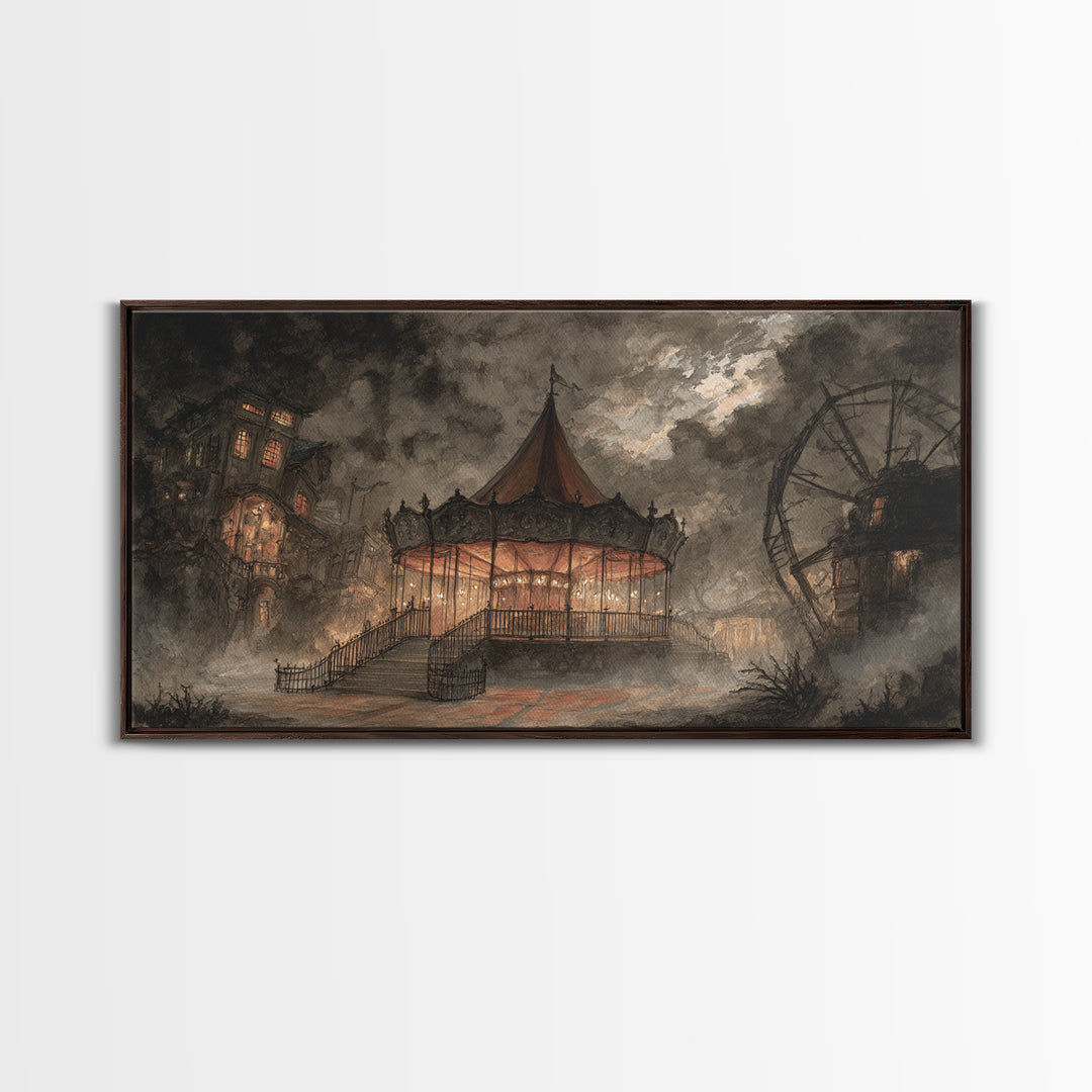 The Carousel Of Sleeping Planets, Macabre Halloween Art, Wide Panoramic Art, Framed Canvas Print, Halloween Home Decor, Gothic Wall Art