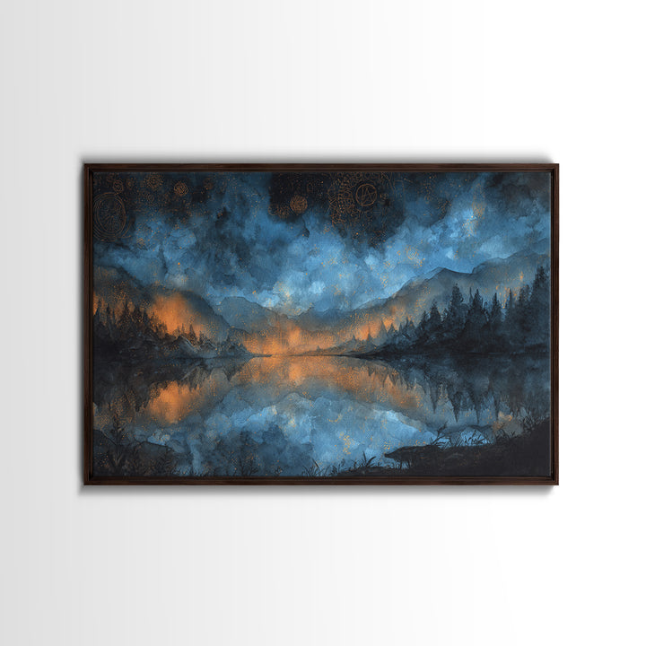 The Mirror Lake Of Lost Constellations, Cosmic Horror Decor, Landscape Wall Art, Framed Canvas Print, Halloween Home Decor, Gothic Wall Art
