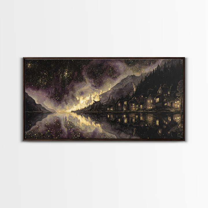 The Mirror Lake Of Lost Constellations, Macabre Halloween Art, Wide Panoramic Art, Canvas Print, Halloween Home Decor, Gothic Wall Art