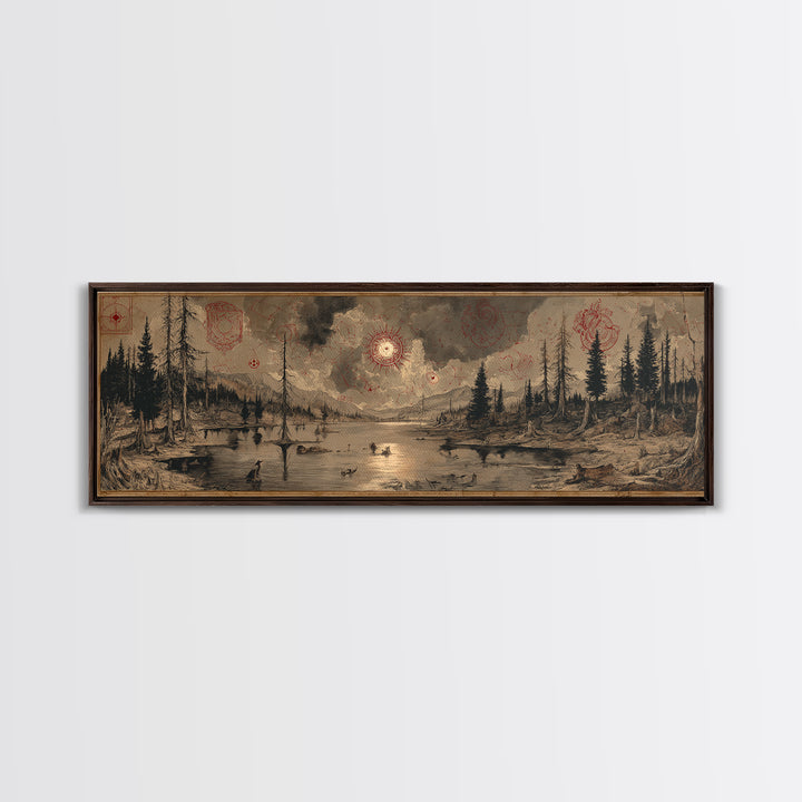 The Mirror Lake Of Lost Constellations, Occult Wall Decor, Extra Wide Wall Art, Framed Canvas Print, Halloween Home Decor, Gothic Wall Art