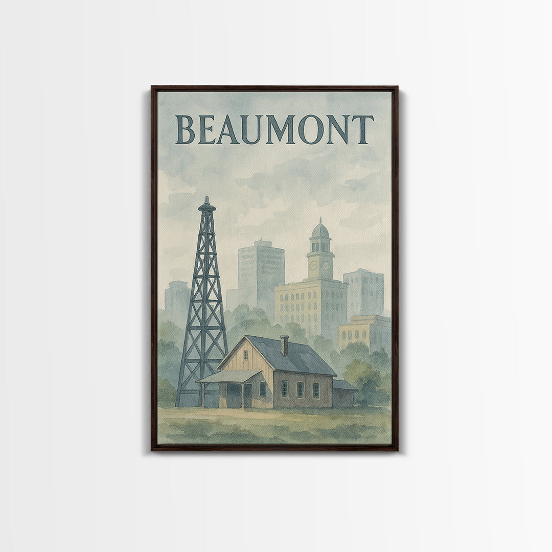 Beaumont Texas Travel Poster, Canvas Print, Painted Travel Poster Art, Beaumont Travel Art, Watercolor Urban Skyline, Living Room Wall Art