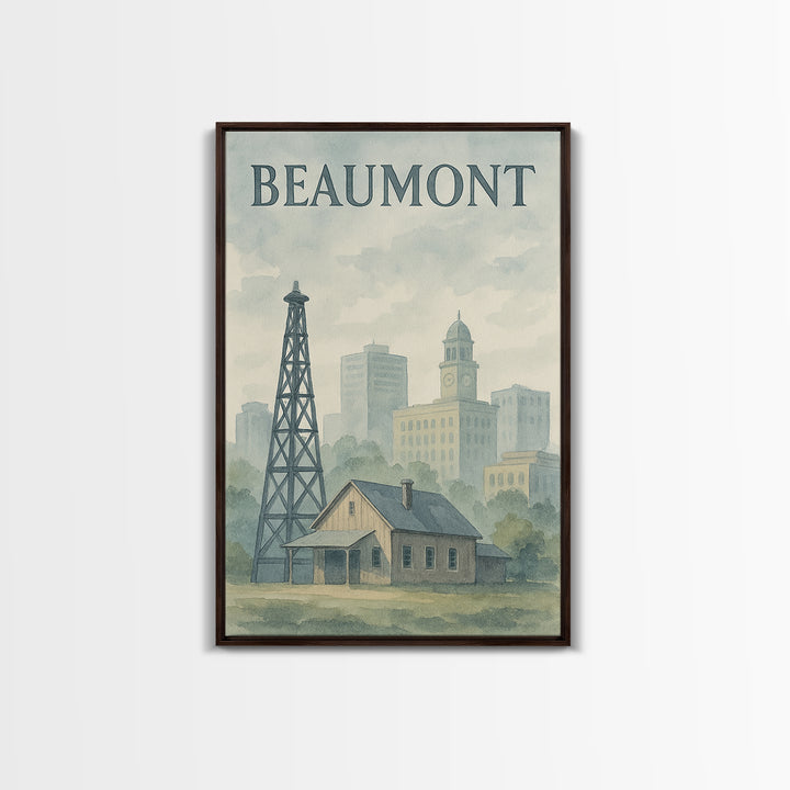 Beaumont Texas Travel Poster, Canvas Print, Painted Travel Poster Art, Beaumont Travel Art, Watercolor Urban Skyline, Living Room Wall Art