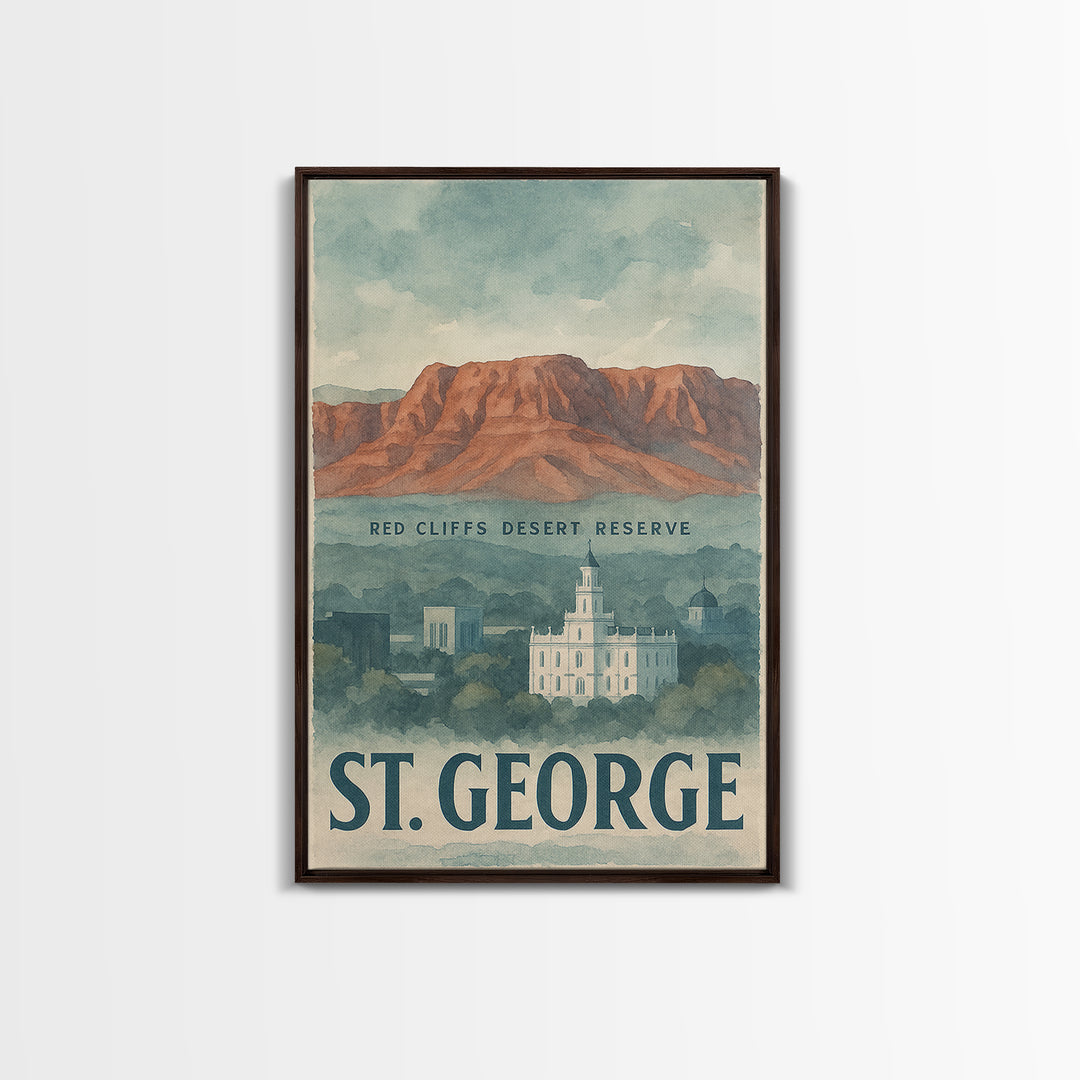 St George Travel Poster, Framed Canvas Print, Watercolor Cityscape Wall Art, St George City Art, Travel Poster Art, Watercolor Cityscape
