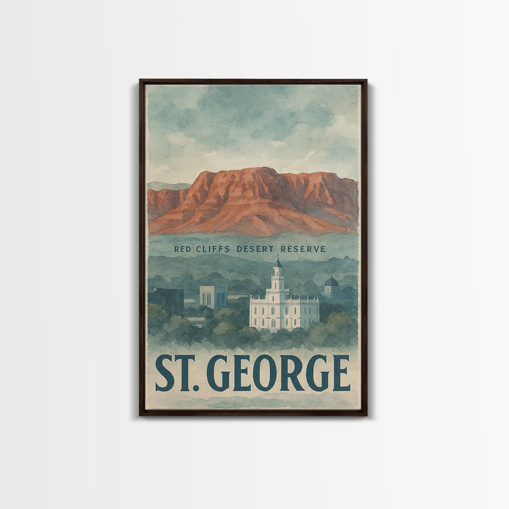 St George Travel Poster, Framed Canvas Print, Watercolor Cityscape Wall Art, St George City Art, Travel Poster Art, Watercolor Cityscape