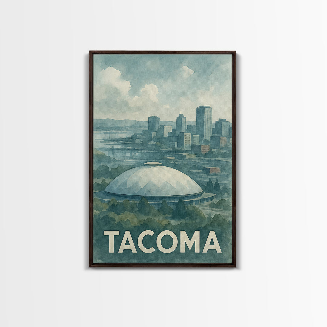 Tacoma Washington Travel Poster, Framed Canvas Print, Soft Watercolor Travel Art, Tacoma Wall Art, Travel Poster Art, Watercolor Skyline Art