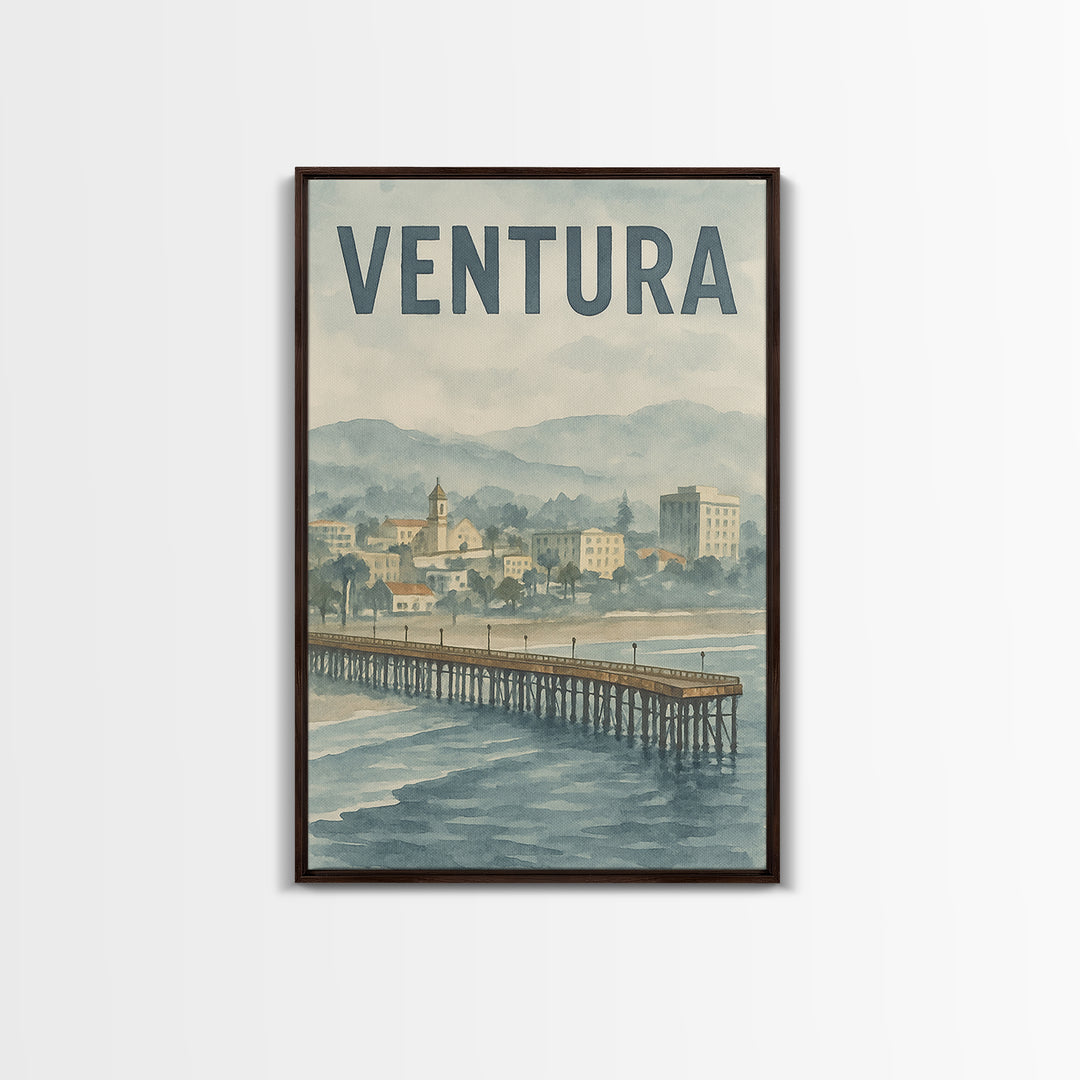 Ventura California Travel Poster, Framed Canvas Print, Soft Watercolor Travel Art, Ventura Wall Art, City Illustration, Travel Poster Set