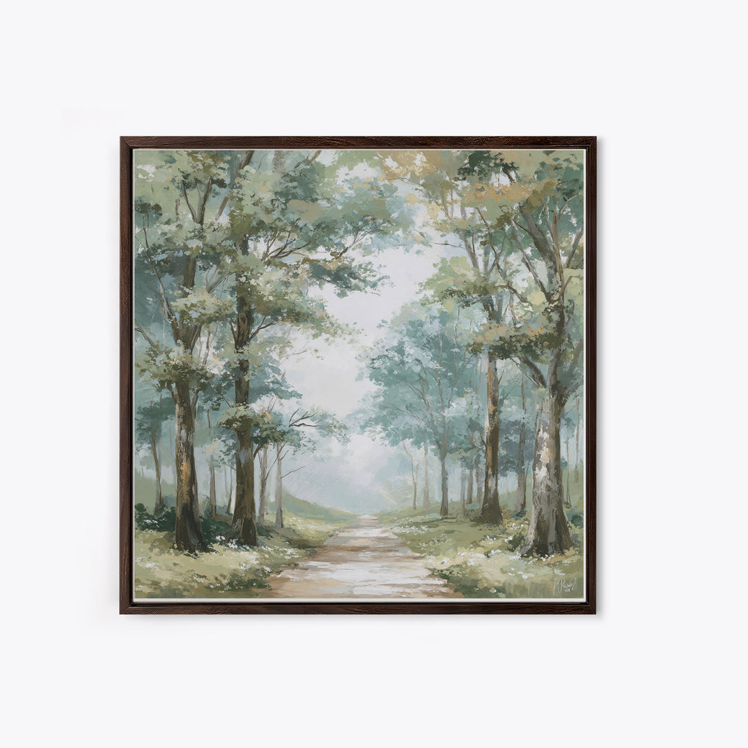 Misty Forest Path Framed Canvas Print, Waiting Room Art, Living Room Wall Art, Waiting Room Decor, Calm, Soundwave Art, WRA-1x1-11