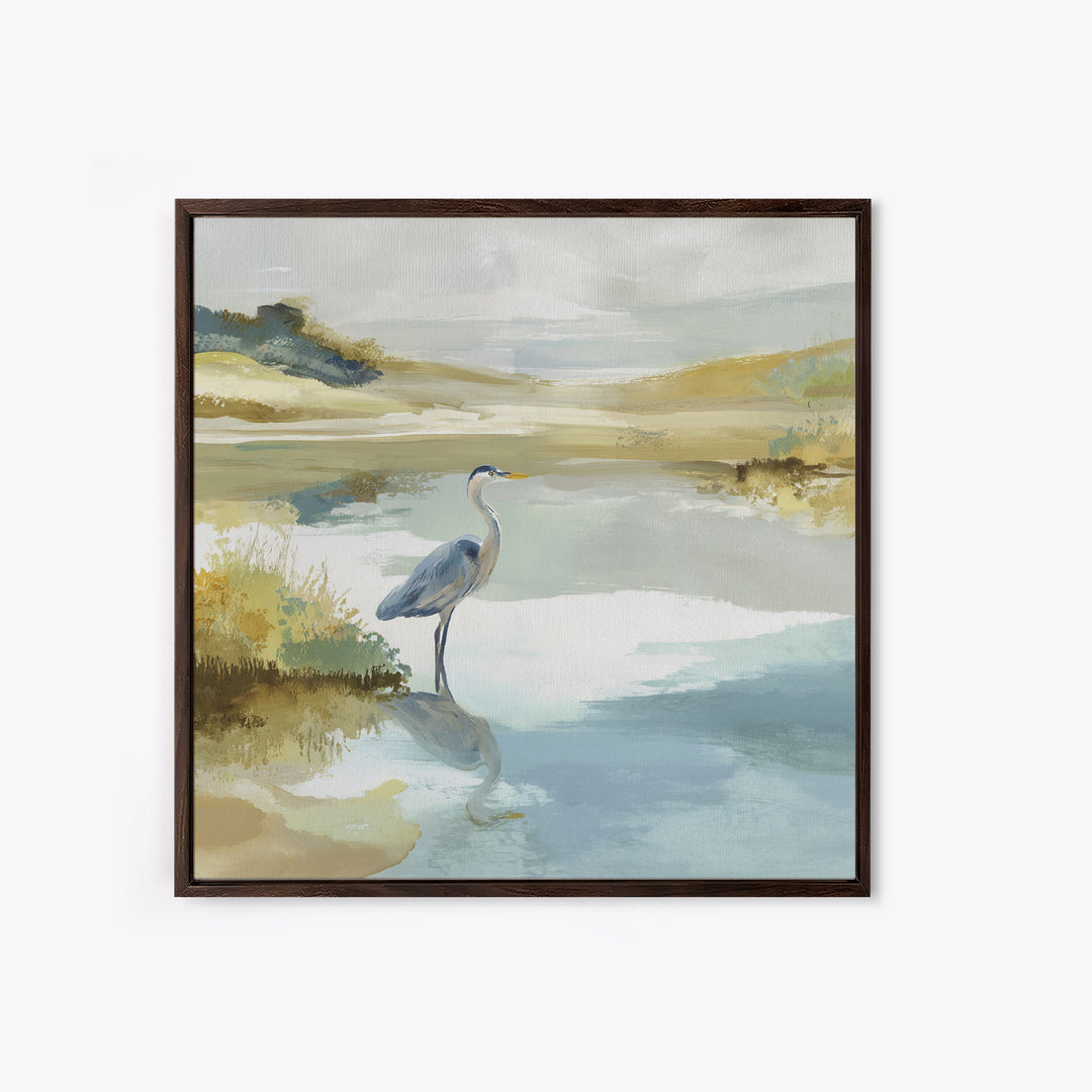 Blue Heron in Quiet Marsh Framed Canvas Print, Waiting Room Art, Wall Decor, Waiting Room Decor, Calm, Minimalist Wall Art, WRA-1x1-12