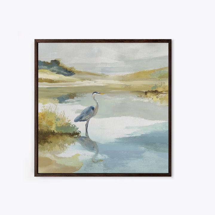 Blue Heron in Quiet Marsh Framed Canvas Print, Waiting Room Art, Wall Decor, Waiting Room Decor, Calm, Minimalist Wall Art, WRA-1x1-12