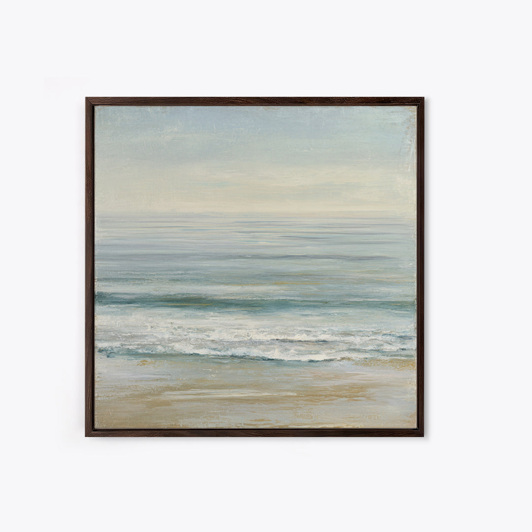 Coastal Horizon with Pale Sand and Water Framed Canvas Print, Waiting Room Art, Statement Artwork, Waiting Room Decor, Calm, WRA-1x1-57