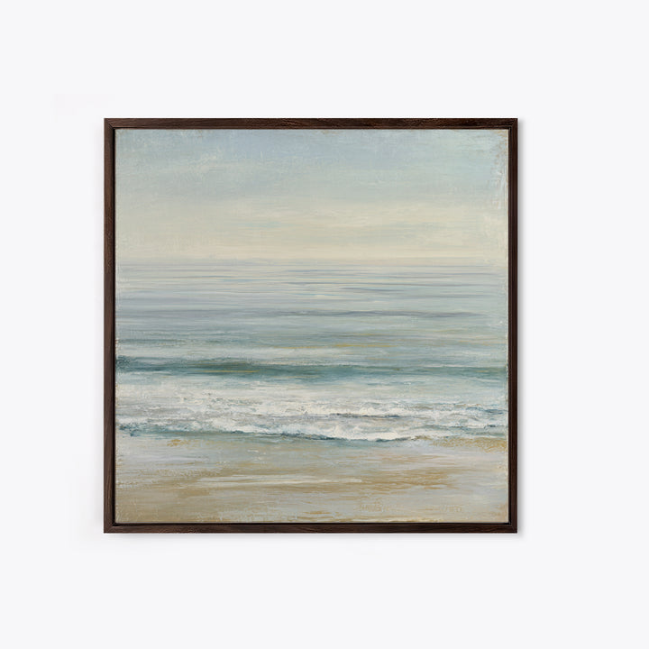 Coastal Horizon with Pale Sand and Water Framed Canvas Print, Waiting Room Art, Statement Artwork, Waiting Room Decor, Calm, WRA-1x1-57