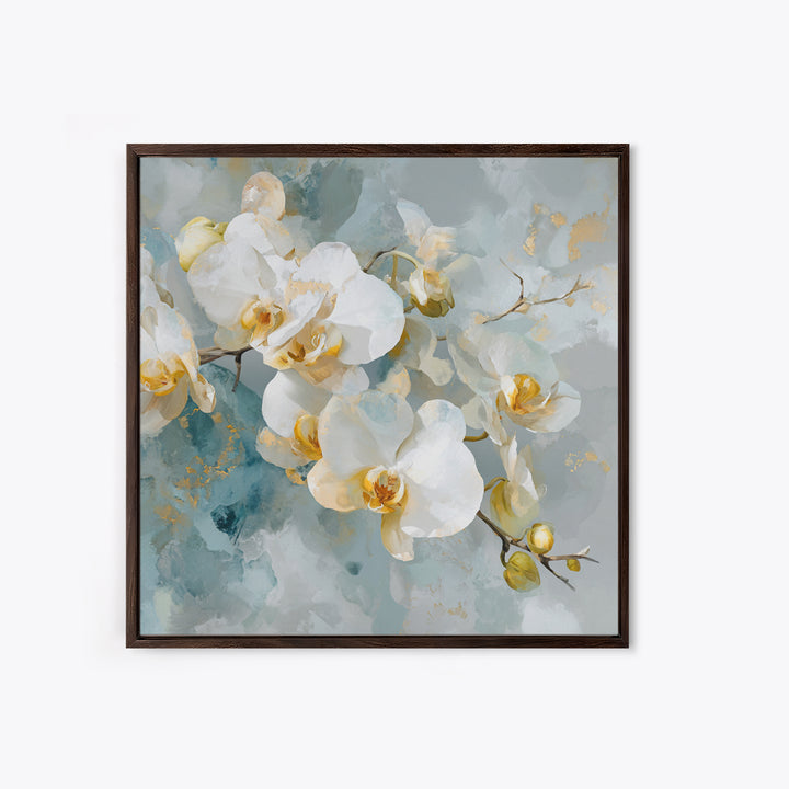 White Orchid on Light Gray Ground Framed Canvas Print, Waiting Room Art, Fine Art Print, Waiting Room Decor, Oil Painting, Calm, WRA-1x1-79