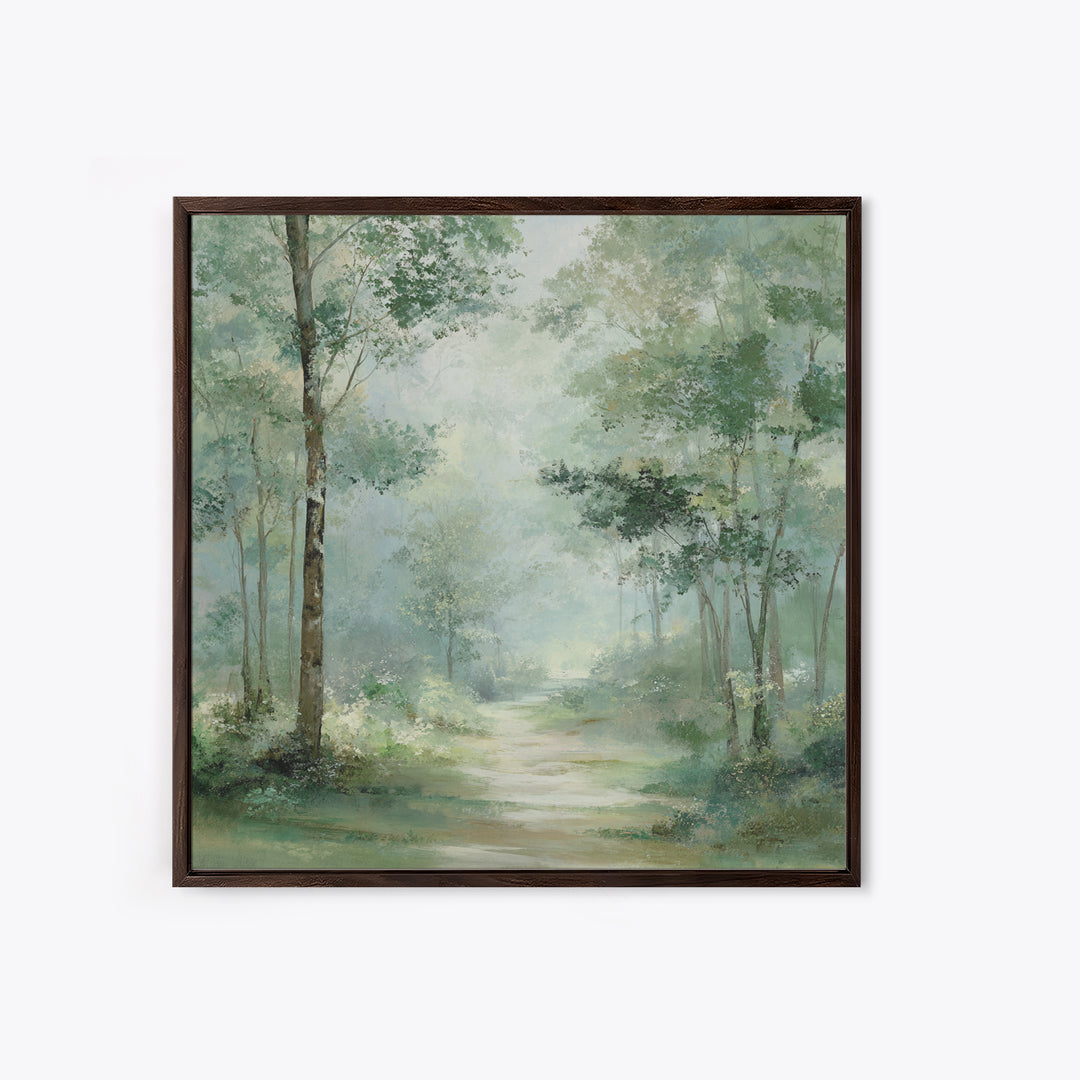 Misty Forest Path Framed Canvas Print, Waiting Room Art, Statement Artwork, Waiting Room Decor, Oil Painting, Calm, Wall Decor, WRA-1x1-83