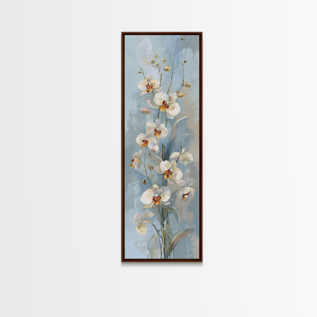 White Orchid on Light Gray Ground Framed Canvas Print, Waiting Room Art, Minimalist Art, Waiting Room Decor, Oil Painting, Calm, WRA-1x3-91