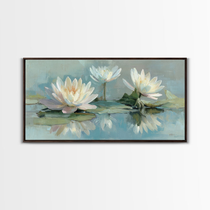 Lotus Flower on Still Water Framed Canvas Print, Waiting Room Art, Office Art, Waiting Room Decor, Calm, Gallery Decor, WRA-2x1-11