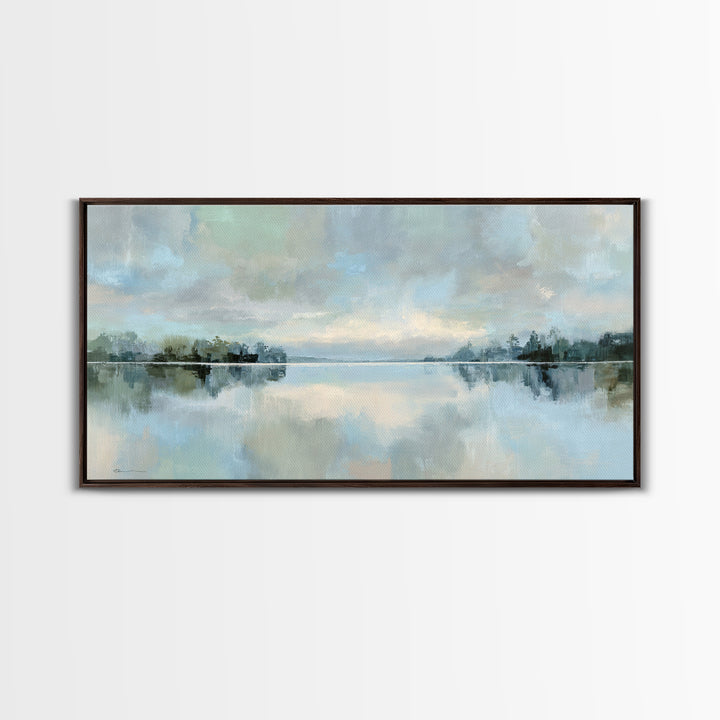 Peaceful Lake Reflection at Dawn Framed Canvas Print, Waiting Room Art, Waiting Room Decor, Oil Painting, Calm, WRA-2x1-24