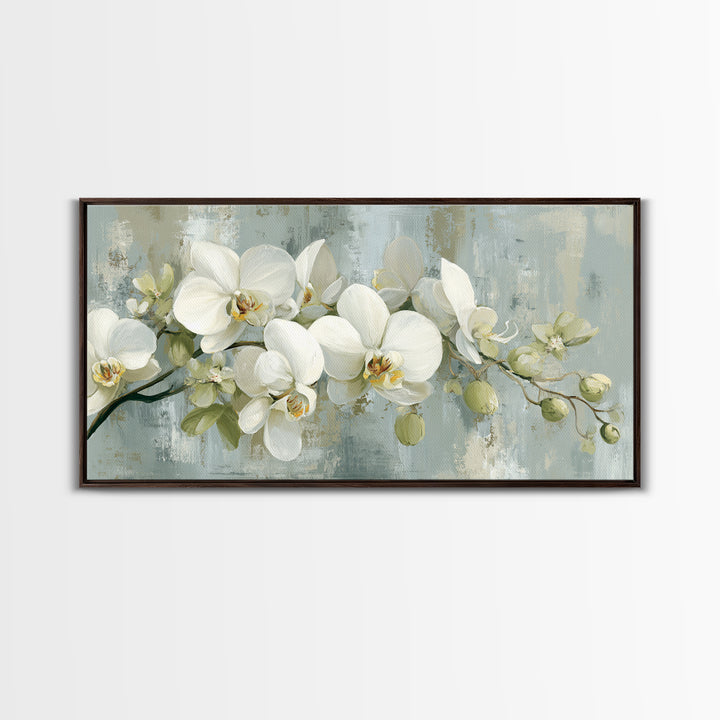 White Orchid on Light Gray Ground Framed Canvas Print, Waiting Room Art, Fine Art Print, Waiting Room Decor, Oil Painting, Calm, WRA-2x1-27