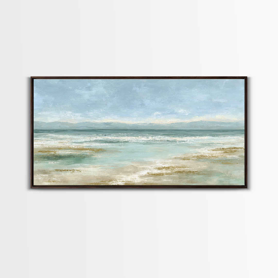 Coastal Horizon with Pale Sand and Water Framed Canvas Print, Waiting Room Art, Art, Waiting Room Decor, Fine Art, Calm, WRA-2x1-29