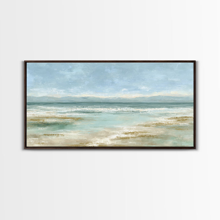 Coastal Horizon with Pale Sand and Water Framed Canvas Print, Waiting Room Art, Art, Waiting Room Decor, Fine Art, Calm, WRA-2x1-29