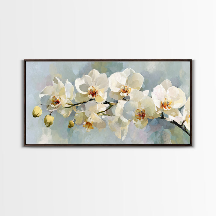 White Orchid on Light Gray Ground Framed Canvas Print, Waiting Room Art, Wall Sculpture, Waiting Room Decor, Fine Art, Calm, WRA-2x1-3