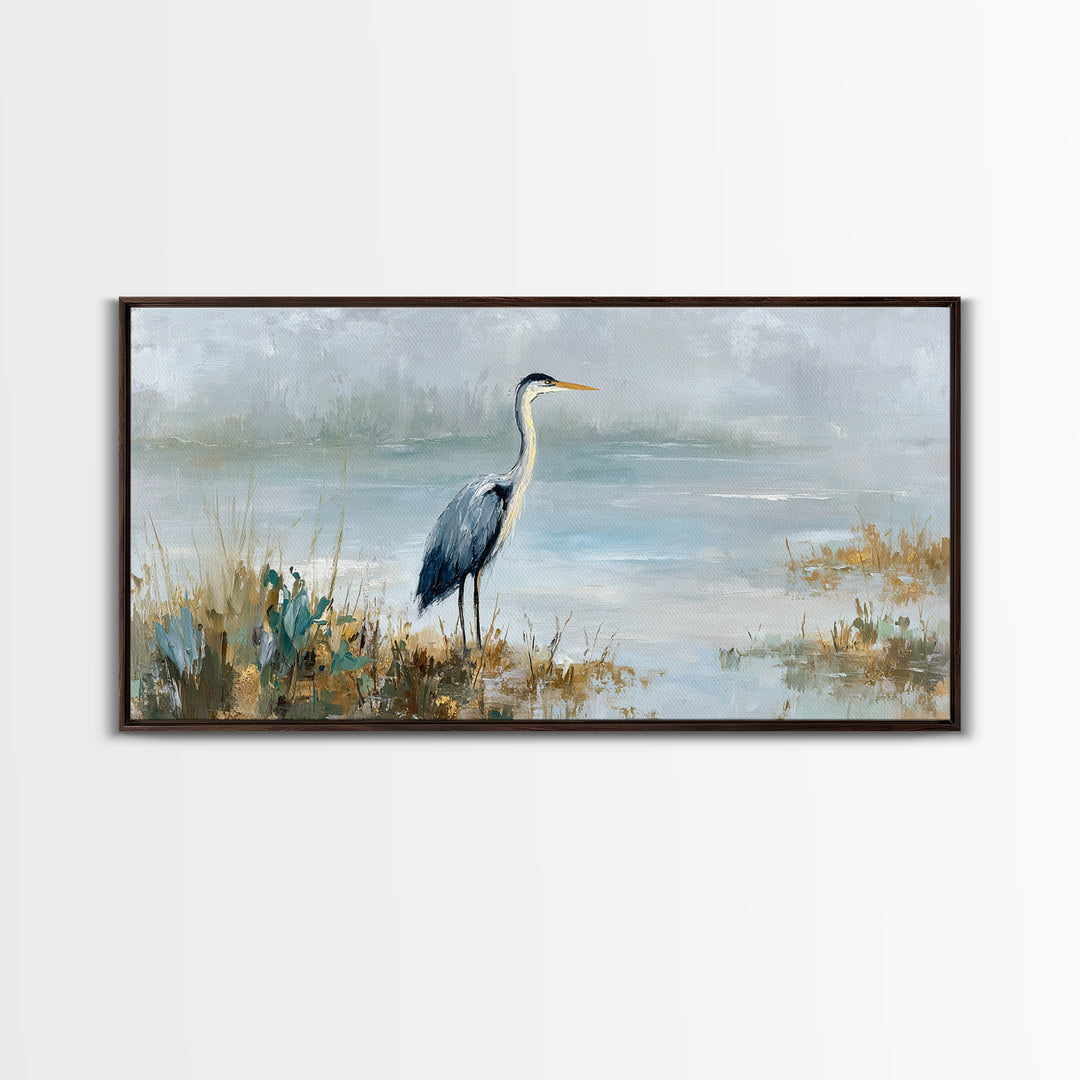 Blue Heron in Quiet Marsh Canvas Print, Waiting Room Art, Waiting Room Decor, Oil Painting, Calm, Living Room Wall Art, WRA-2x1-32