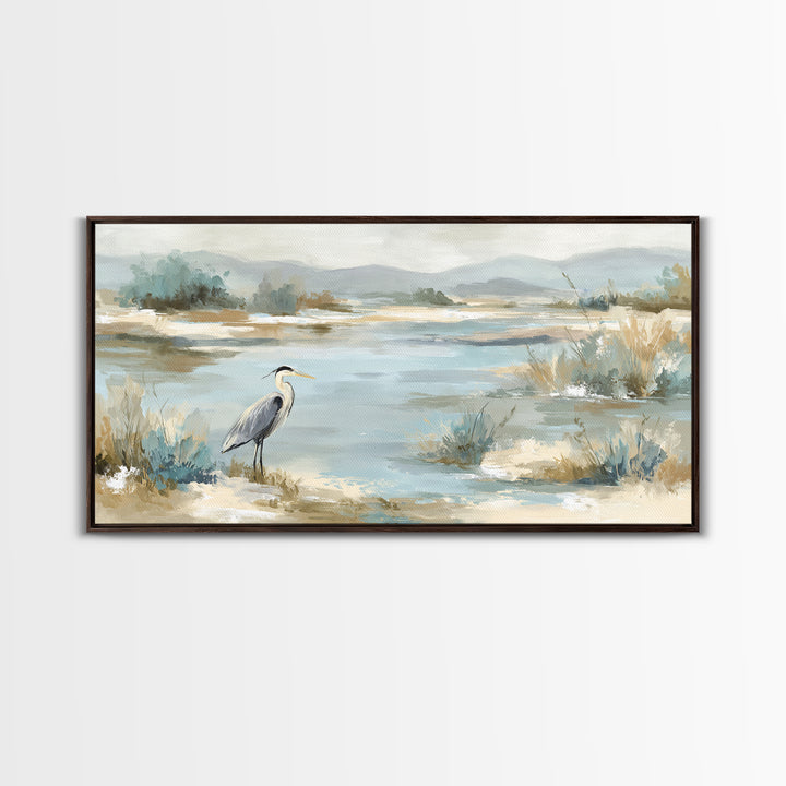 Blue Heron in Quiet Marsh Framed Canvas Print, Waiting Room Art, Office Decor, Waiting Room Decor, Calm, Gallery Wall Art, WRA-2x1-56