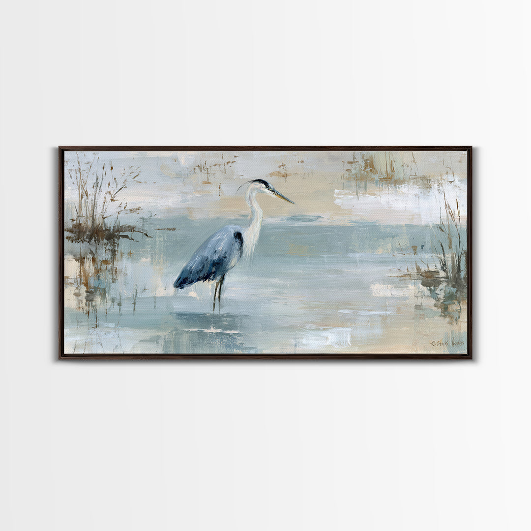Blue Heron in Quiet Marsh Framed Canvas Print, Waiting Room Art, Office Wall Decor, Waiting Room Decor, Fine Art, Calm, WRA-2x1-80