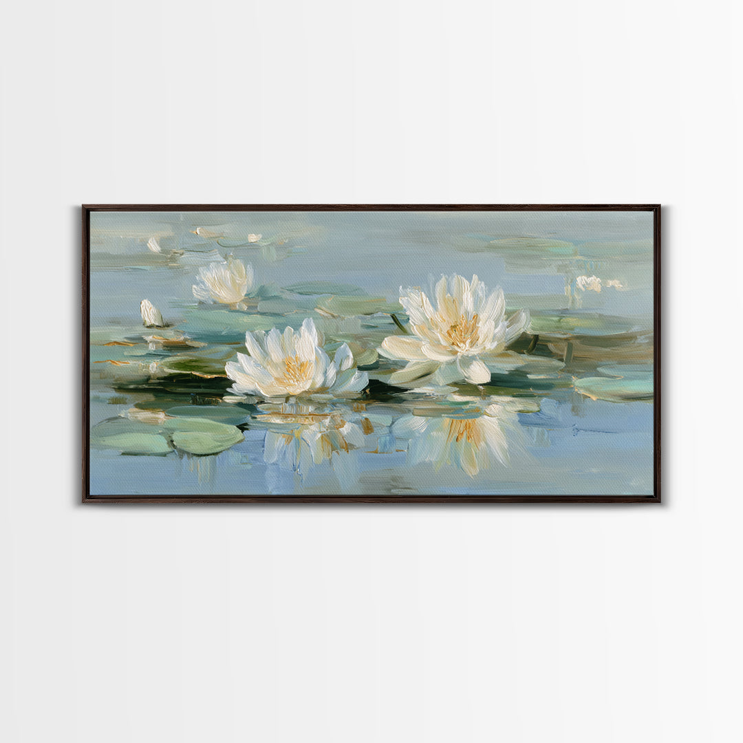 Lotus Flower on Still Water Framed Canvas Print, Waiting Room Art, Contemporary Art, Waiting Room Decor, Oil Painting, Calm, WRA-2x1-83