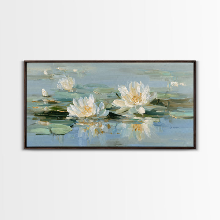 Lotus Flower on Still Water Framed Canvas Print, Waiting Room Art, Contemporary Art, Waiting Room Decor, Oil Painting, Calm, WRA-2x1-83