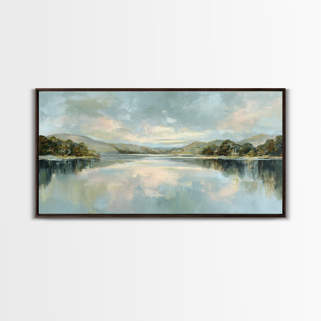 Peaceful Lake Reflection at Dawn Framed Canvas Print, Waiting Room Art, Abstract, Waiting Room Decor, Fine Art, Calm, WRA-2x1-96