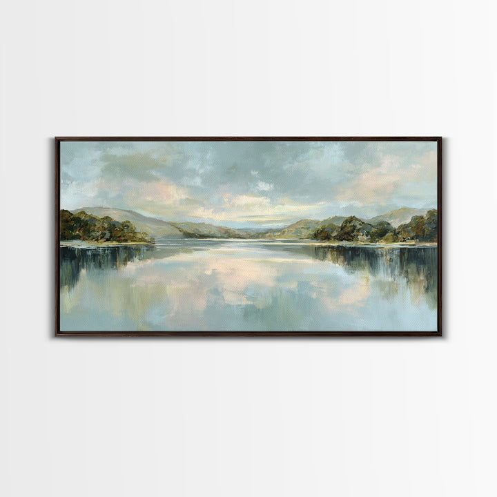 Peaceful Lake Reflection at Dawn Framed Canvas Print, Waiting Room Art, Abstract, Waiting Room Decor, Fine Art, Calm, WRA-2x1-96